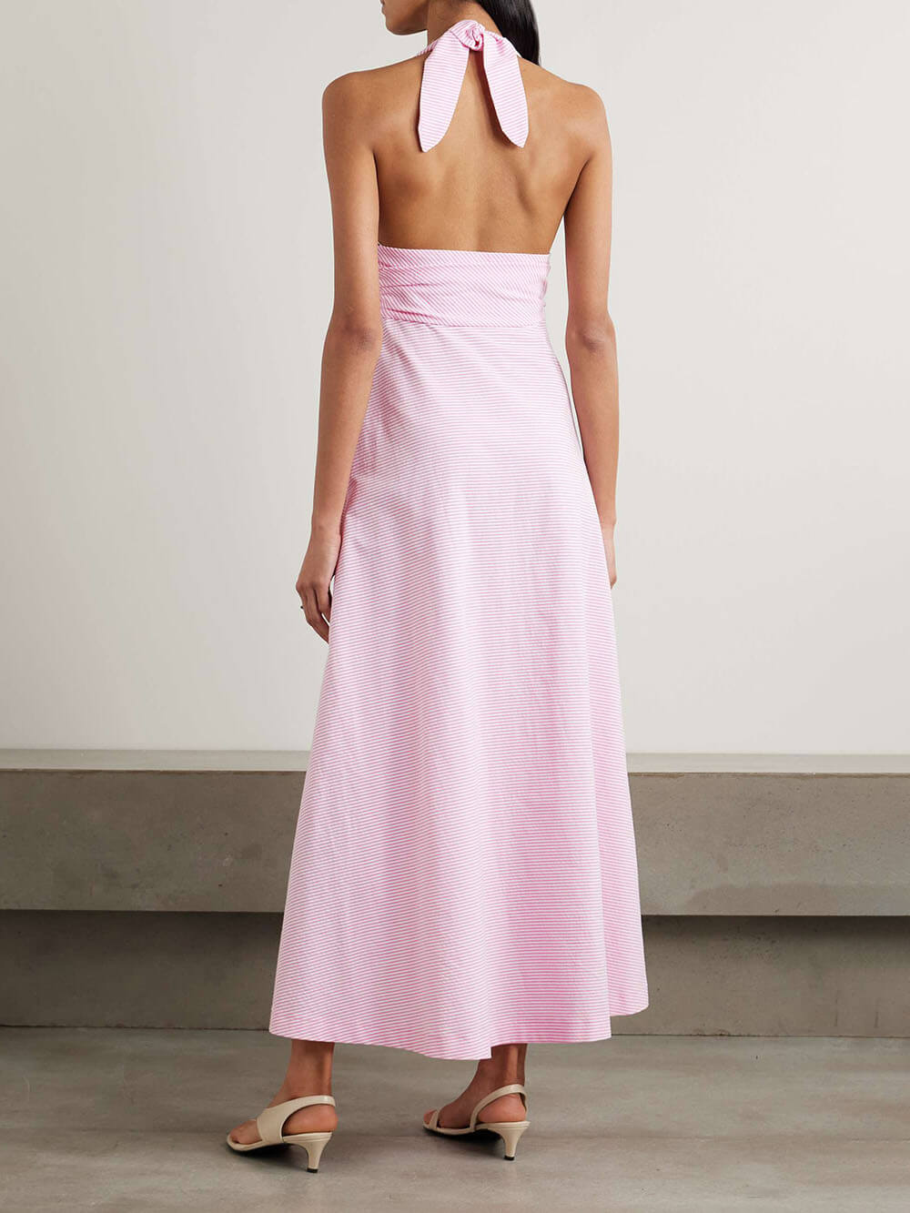 Elegant Classic Stripe Print Halter Neck Maxi Dress