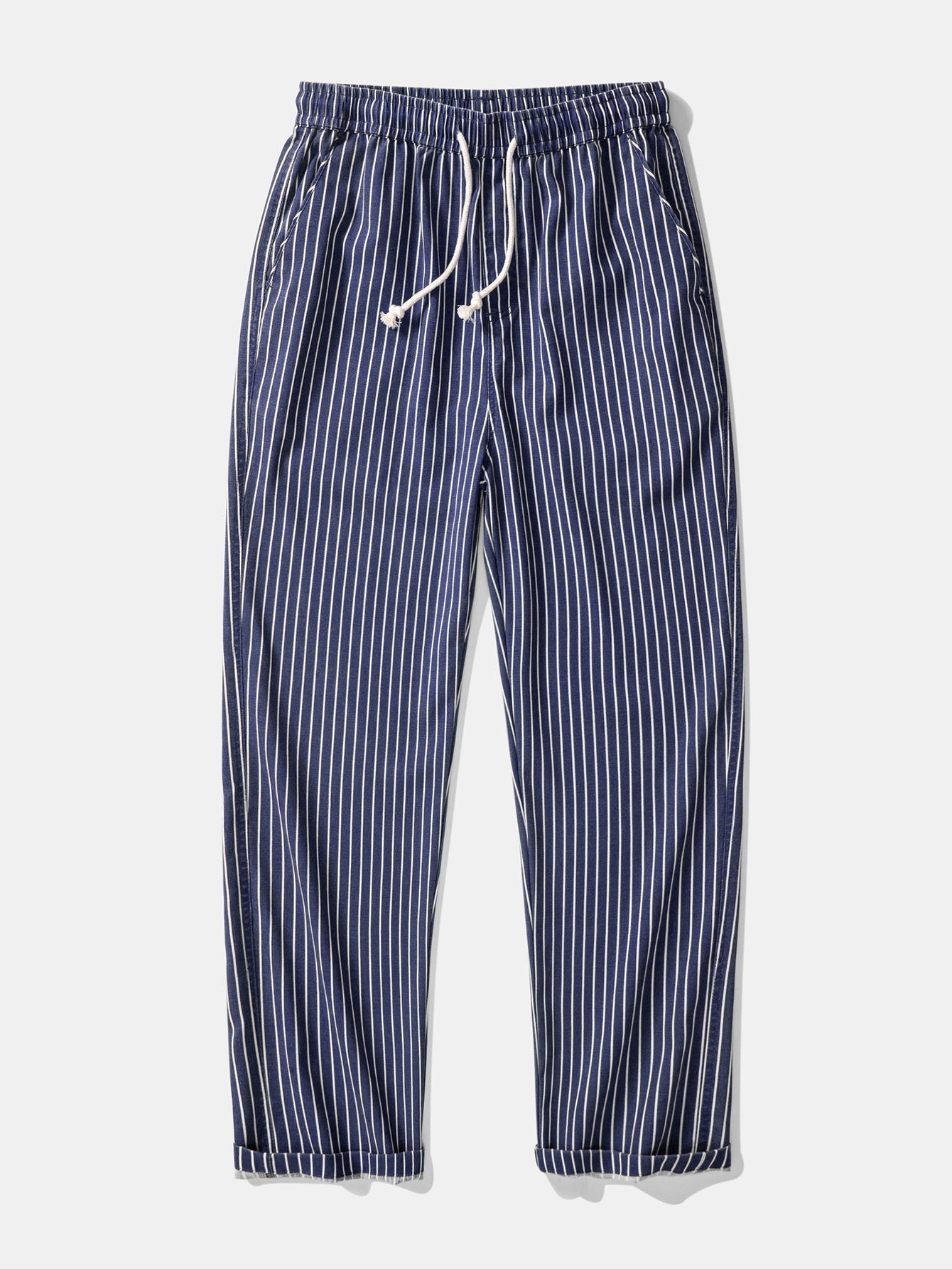 Linen-Rayon Blend Button-Up Shirt with Striped Straight-Leg Linen Pants