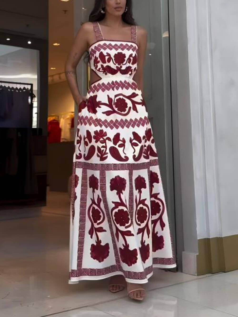 Elegant And Unique Ethnic Print Waist Hollow Out Maxi Dress
