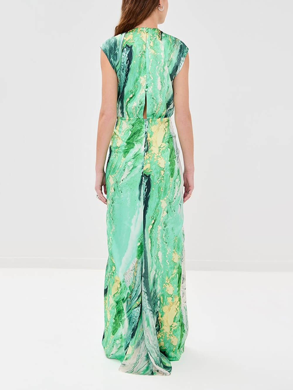 Elegant Unique Tie-Dye Print Front Pleated Back Slit Cutout Maxi Dress