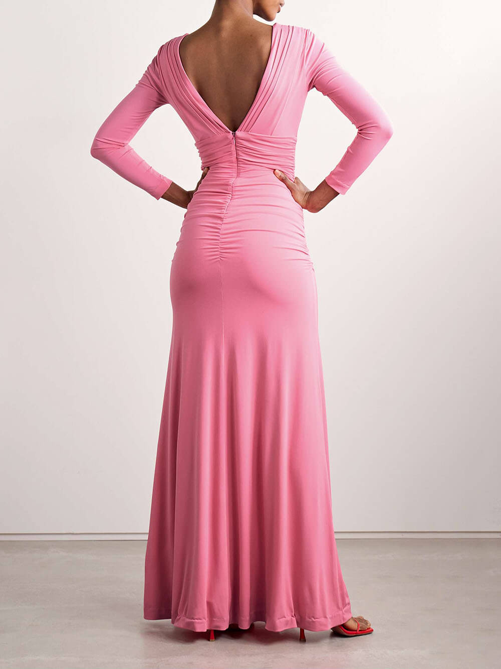 Elegant V-Neck Design And Waist Pleated Stretch Knit Maxi Dress