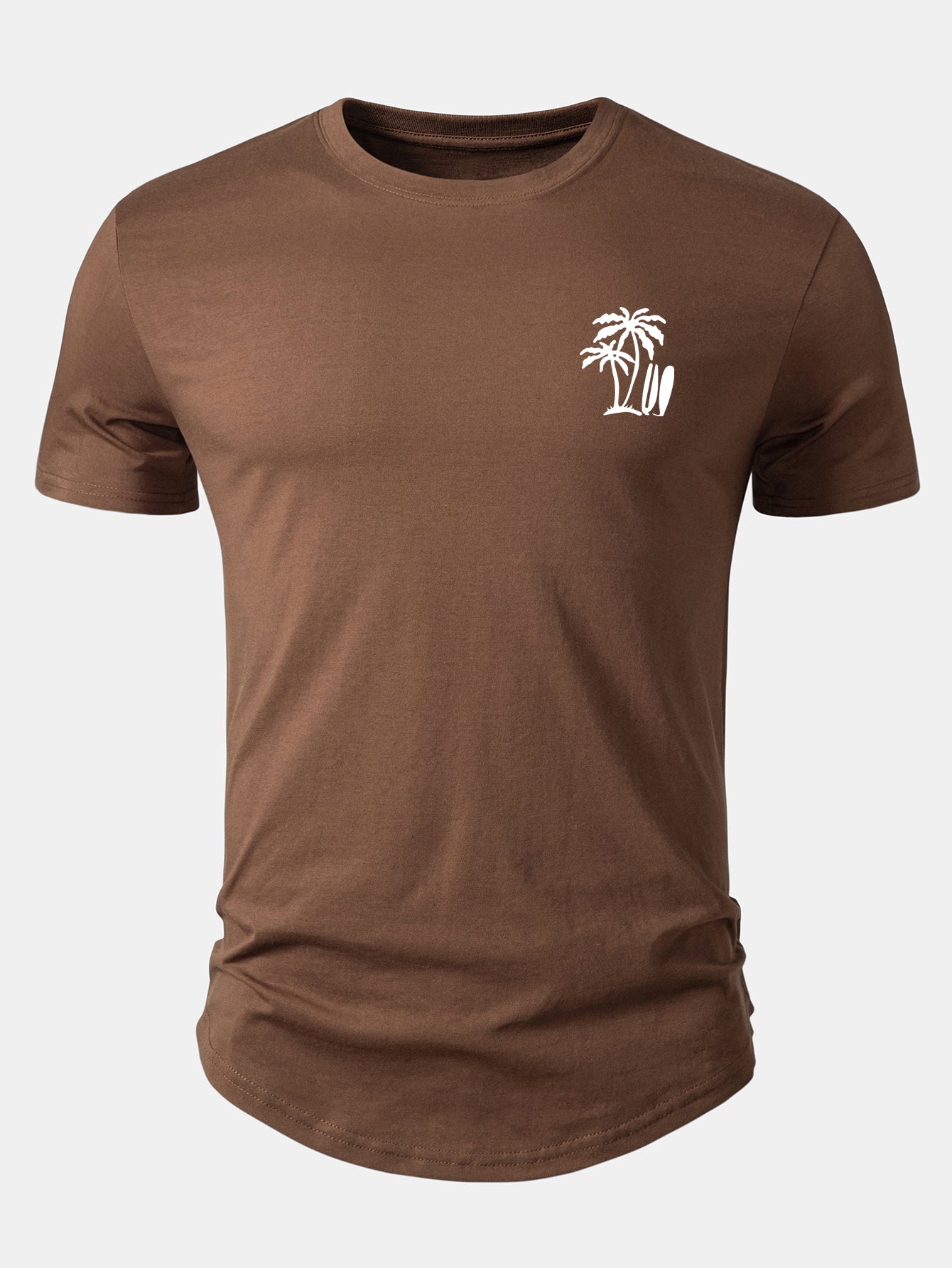 Arc Hem T-Shirt with Palm Tree Print in Cotton