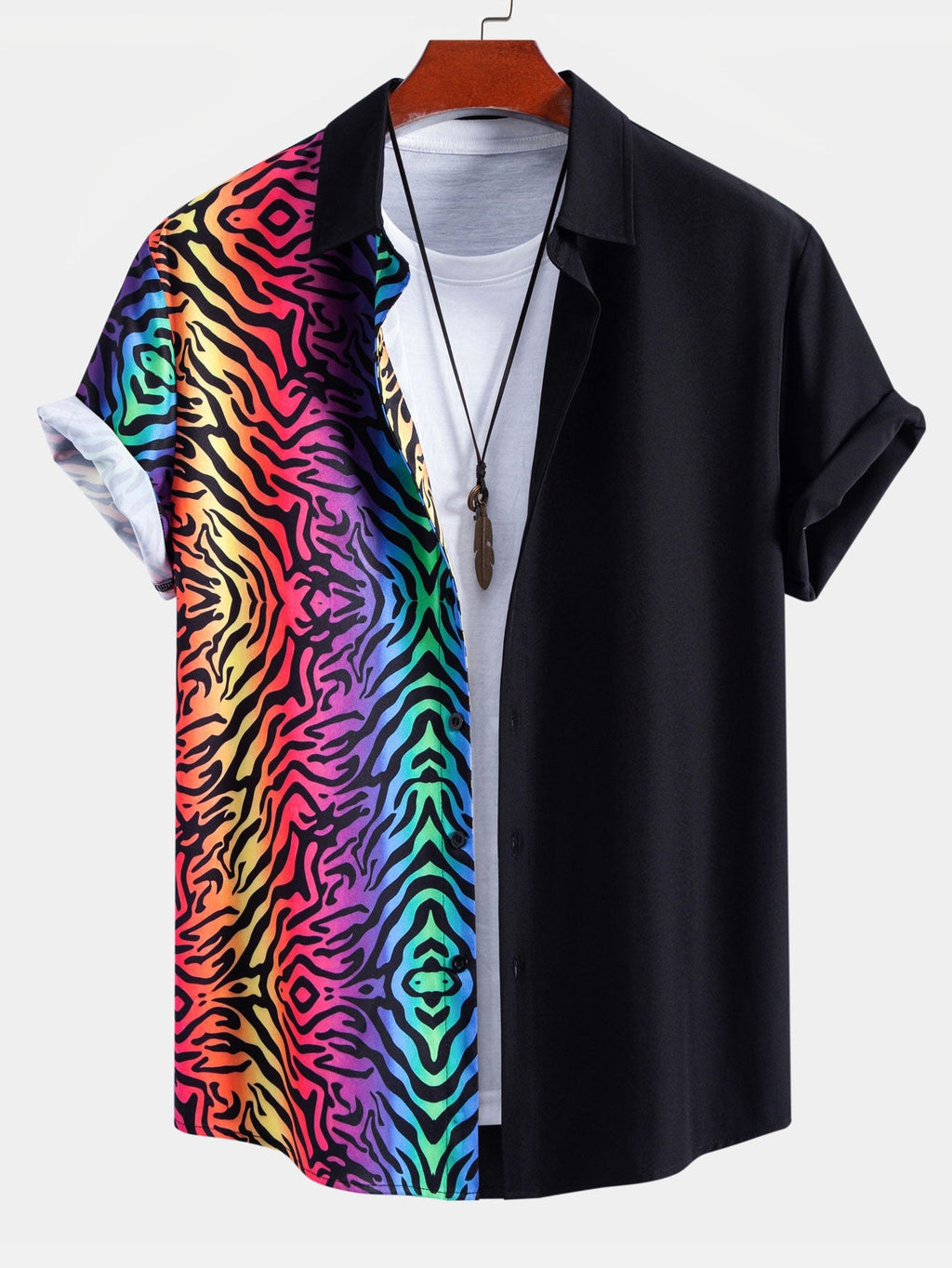 Vibrant Tiger Patchwork Button-Up Shirt with Matching Swim Shorts