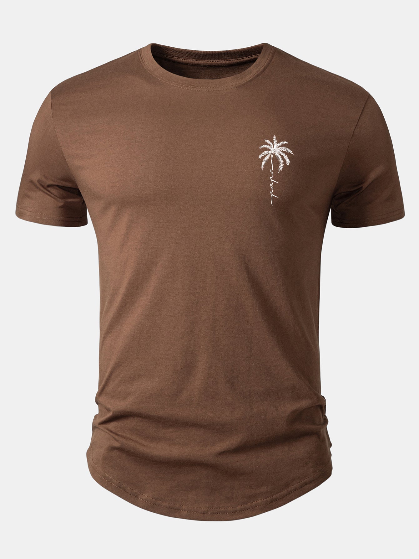 Arc Hem Cotton T-Shirt with Palm Tree Slogan Print