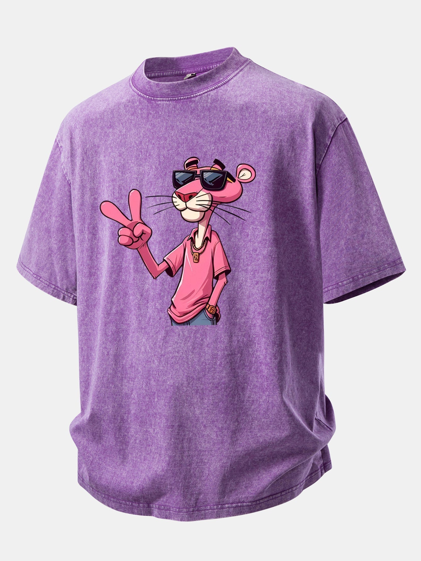 Distressed Drop Shoulder T-Shirt Featuring Pink Panther with V Sign Print