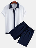 Ribbed Button-Up Shirt with Contrast Details & Drawstring Ribbed Shorts