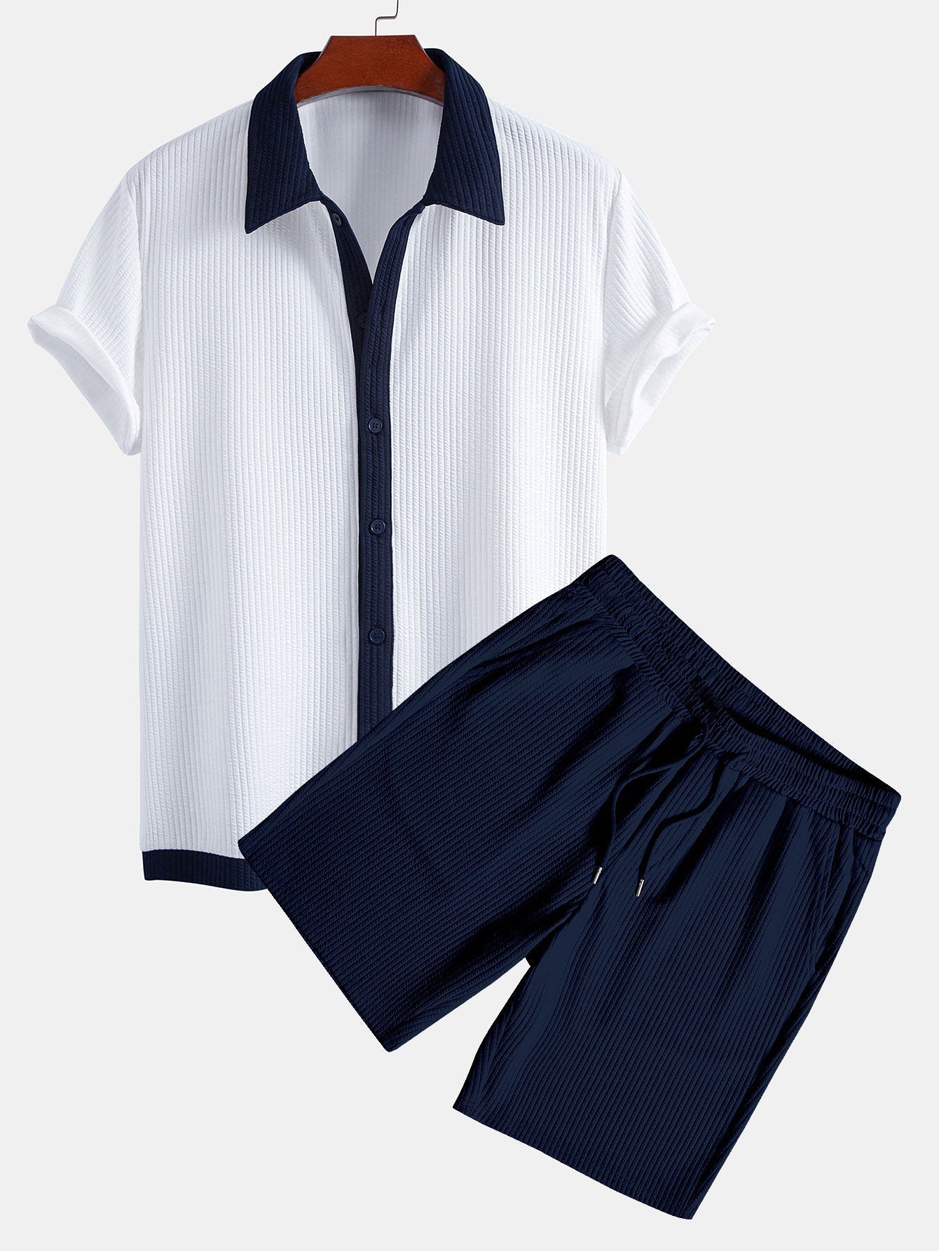 Ribbed Button-Up Shirt with Contrast Details & Drawstring Ribbed Shorts