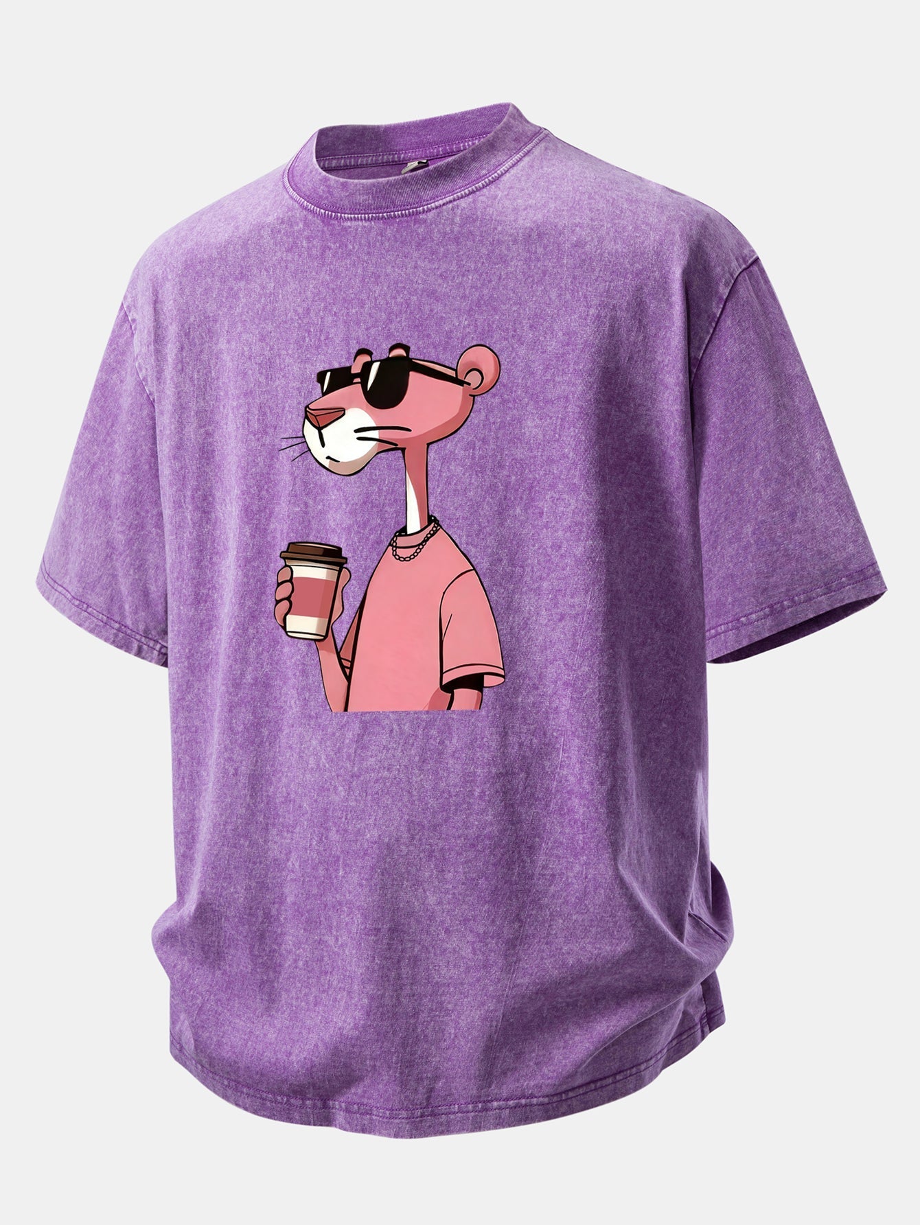 Distressed Drop Shoulder T-Shirt Featuring Pink Panther Coffee Print