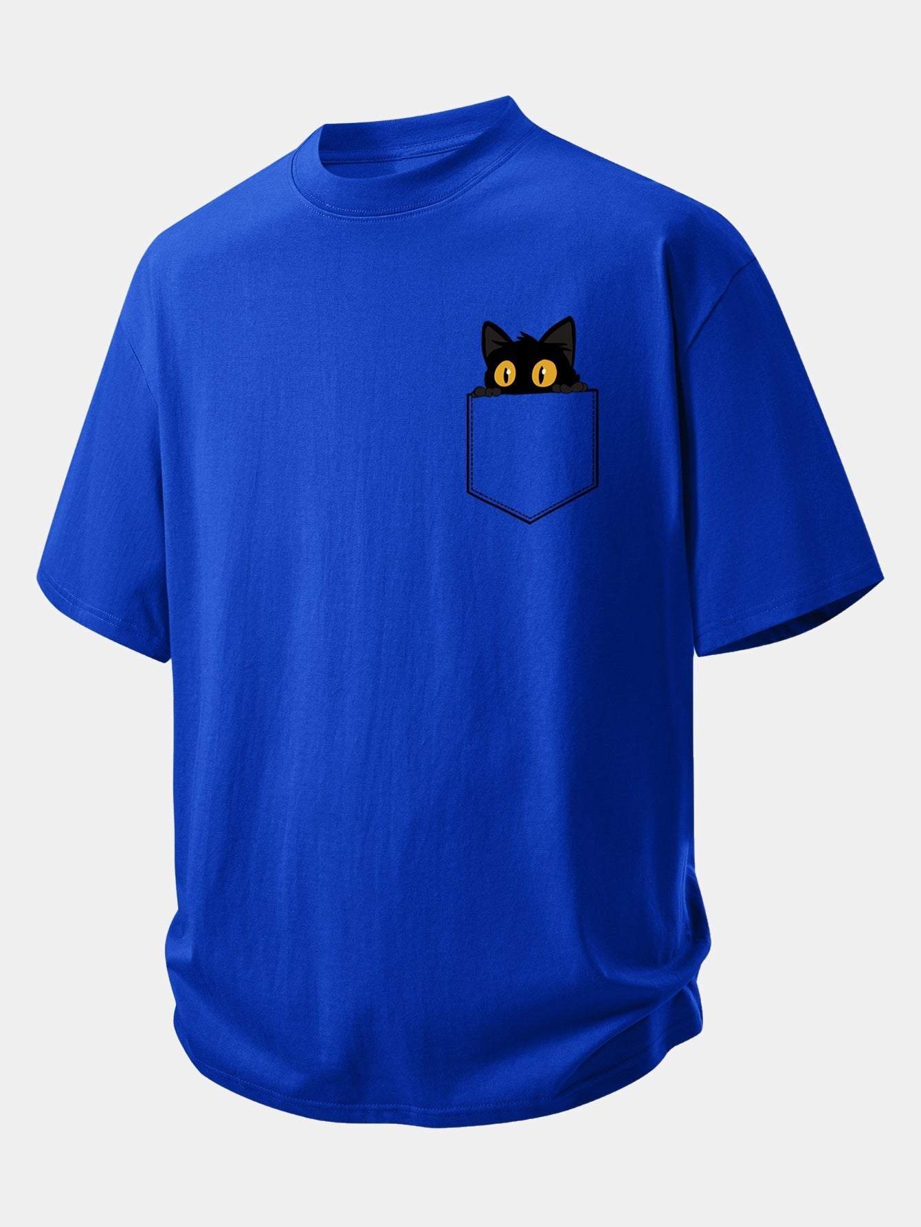Relaxed Fit Cotton T-Shirt with Black Cat Print and Pockets