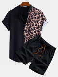 Leopard Print Patchwork Stand Collar Shirt with Matching Swim Shorts
