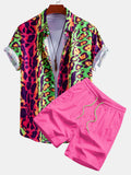 Vibrant Leopard Print Button-Up Shirt and Swim Shorts Set