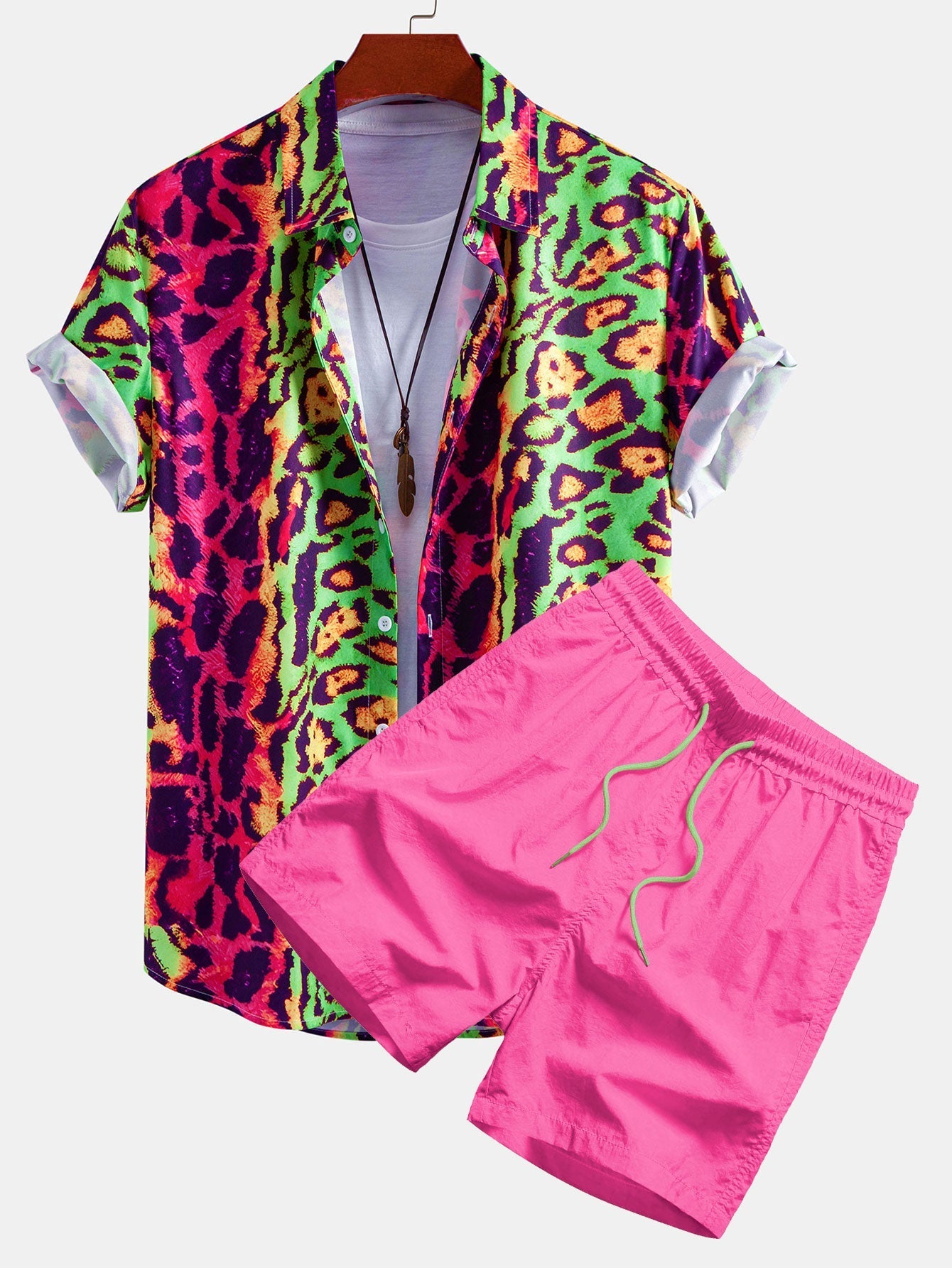 Vibrant Leopard Print Button-Up Shirt and Swim Shorts Set