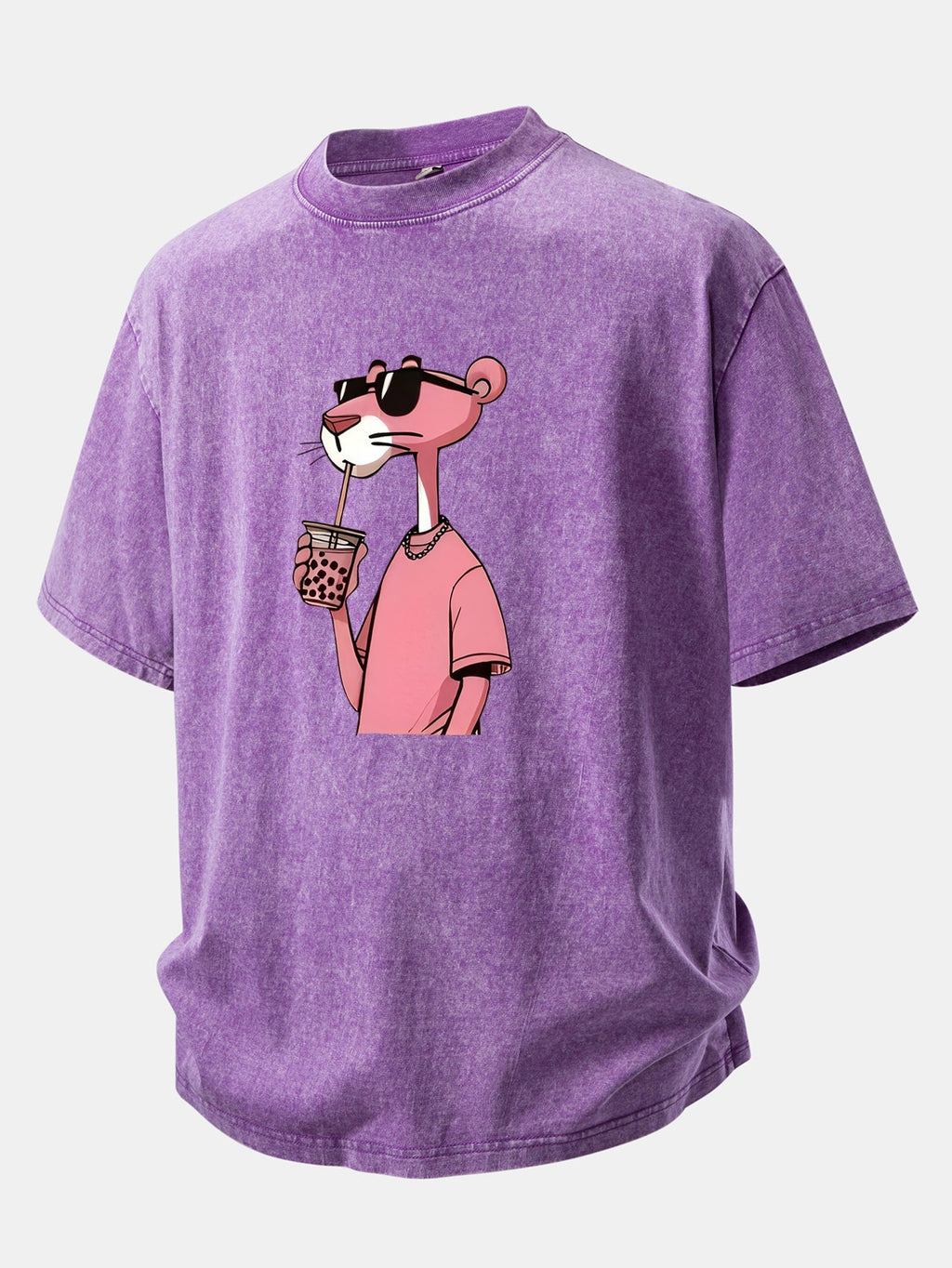 Distressed Drop Shoulder T-Shirt with Pink Panther Print
