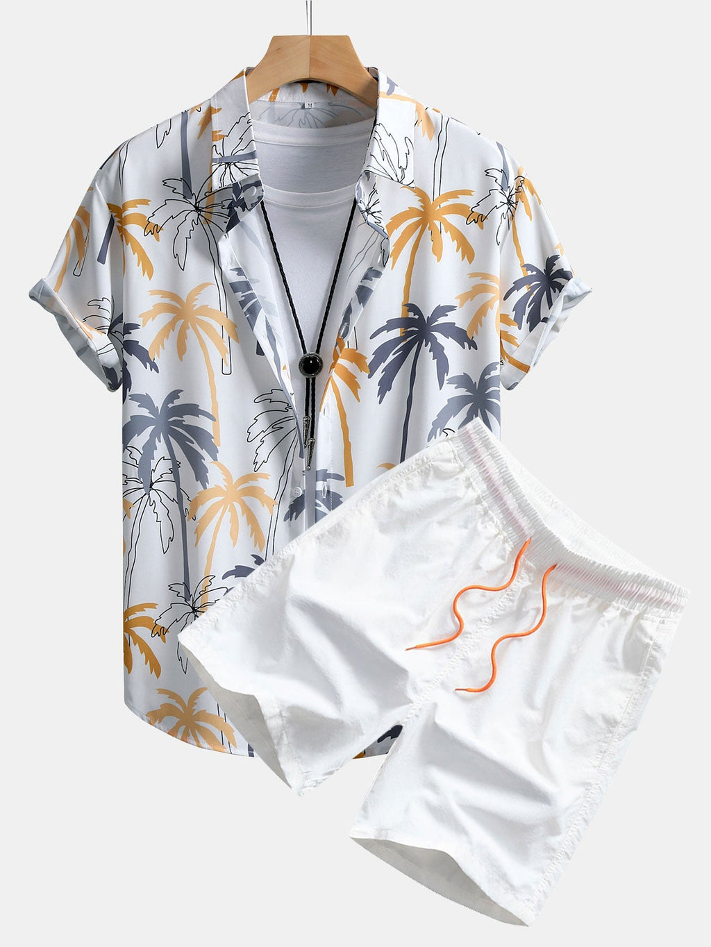 Button-Up Shirt and Swim Shorts with Palm Tree Print
