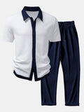 Ribbed Button-Up Shirt with Contrast and Straight-Leg Ribbed Pants