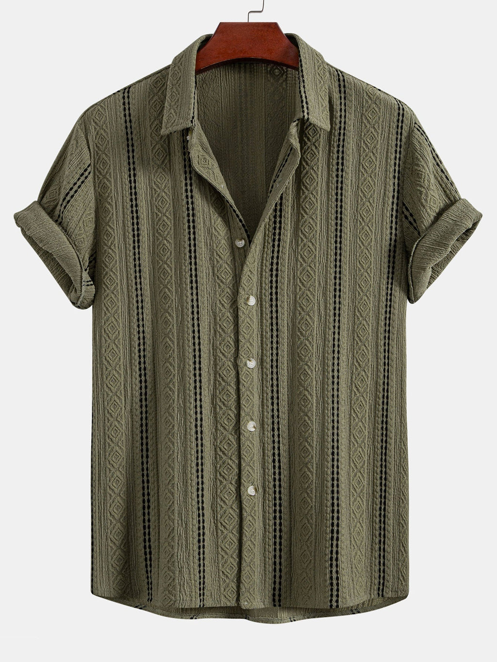 Geometric Striped Jacquard Button-Up Shirt with Crinkle Textured 5" Drawstring Shorts