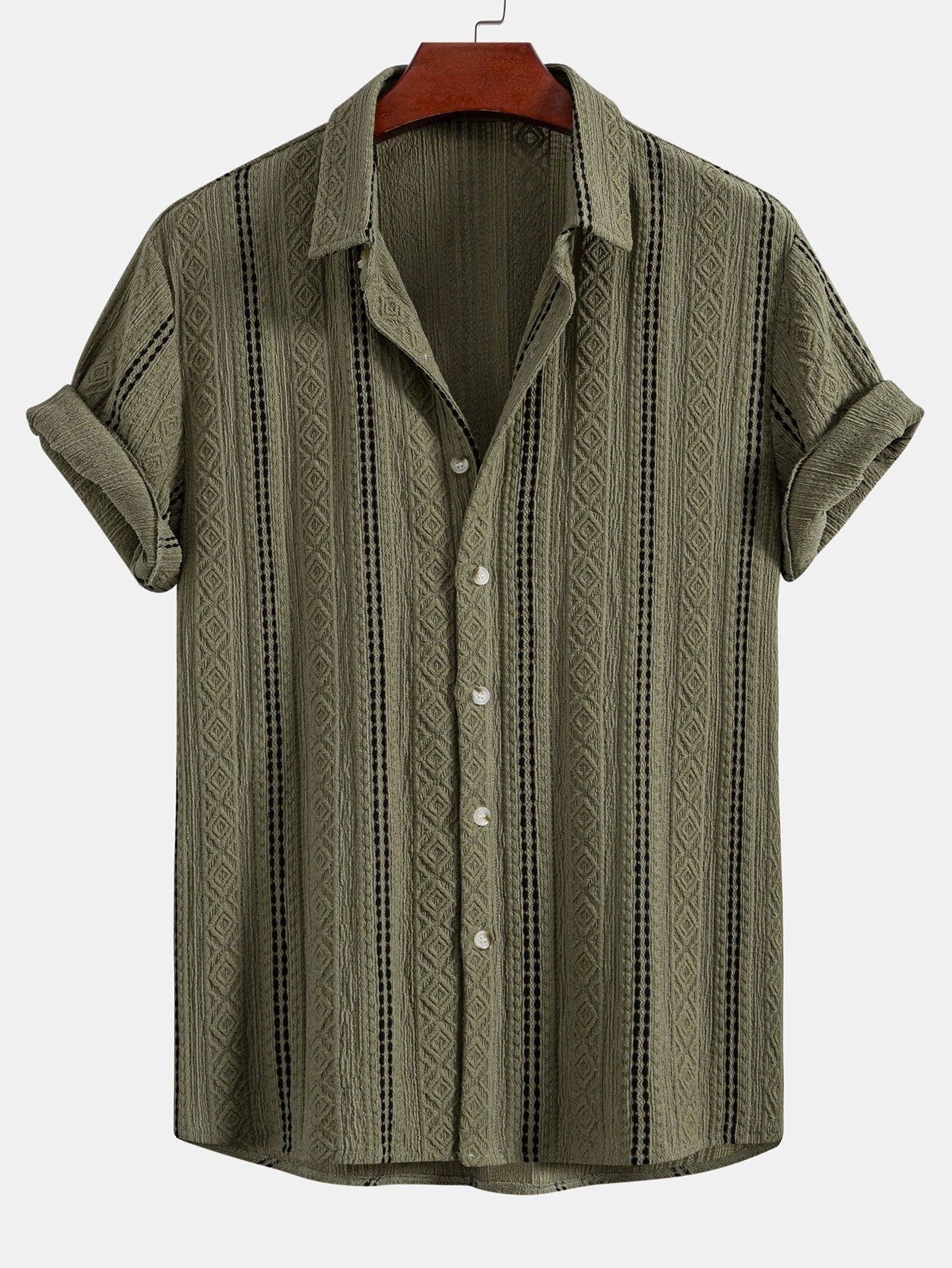 Geometric Striped Jacquard Button-Up Shirt with Crinkle Textured 5" Drawstring Shorts