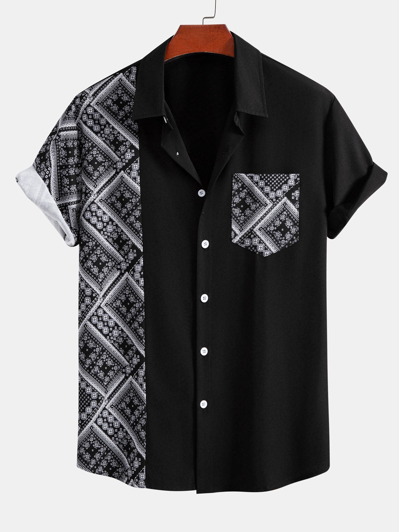 Button-Up Shirt with Paisley Print Patchwork Design