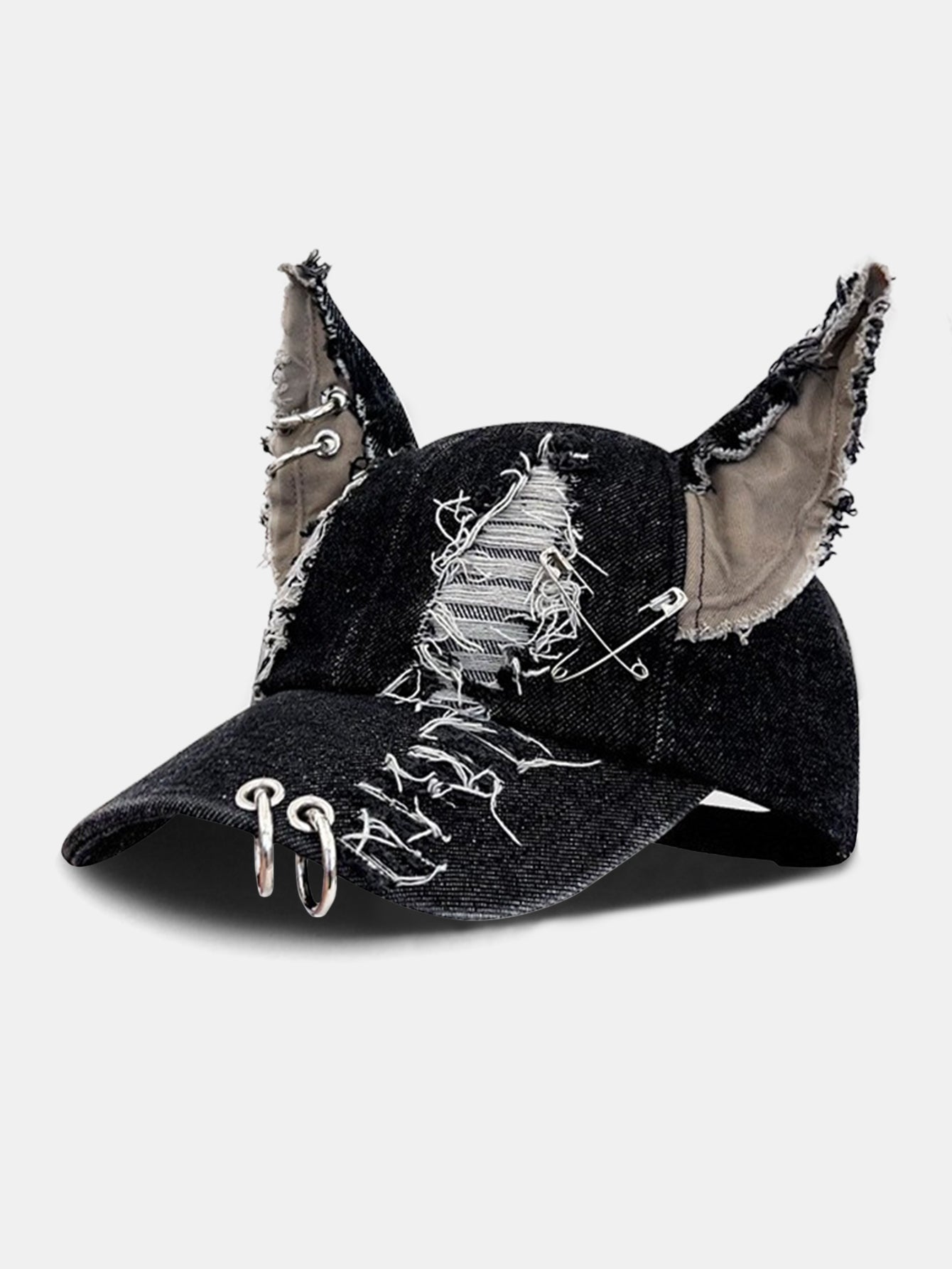 Gothic Western Distressed Denim Cap with Metal Accents