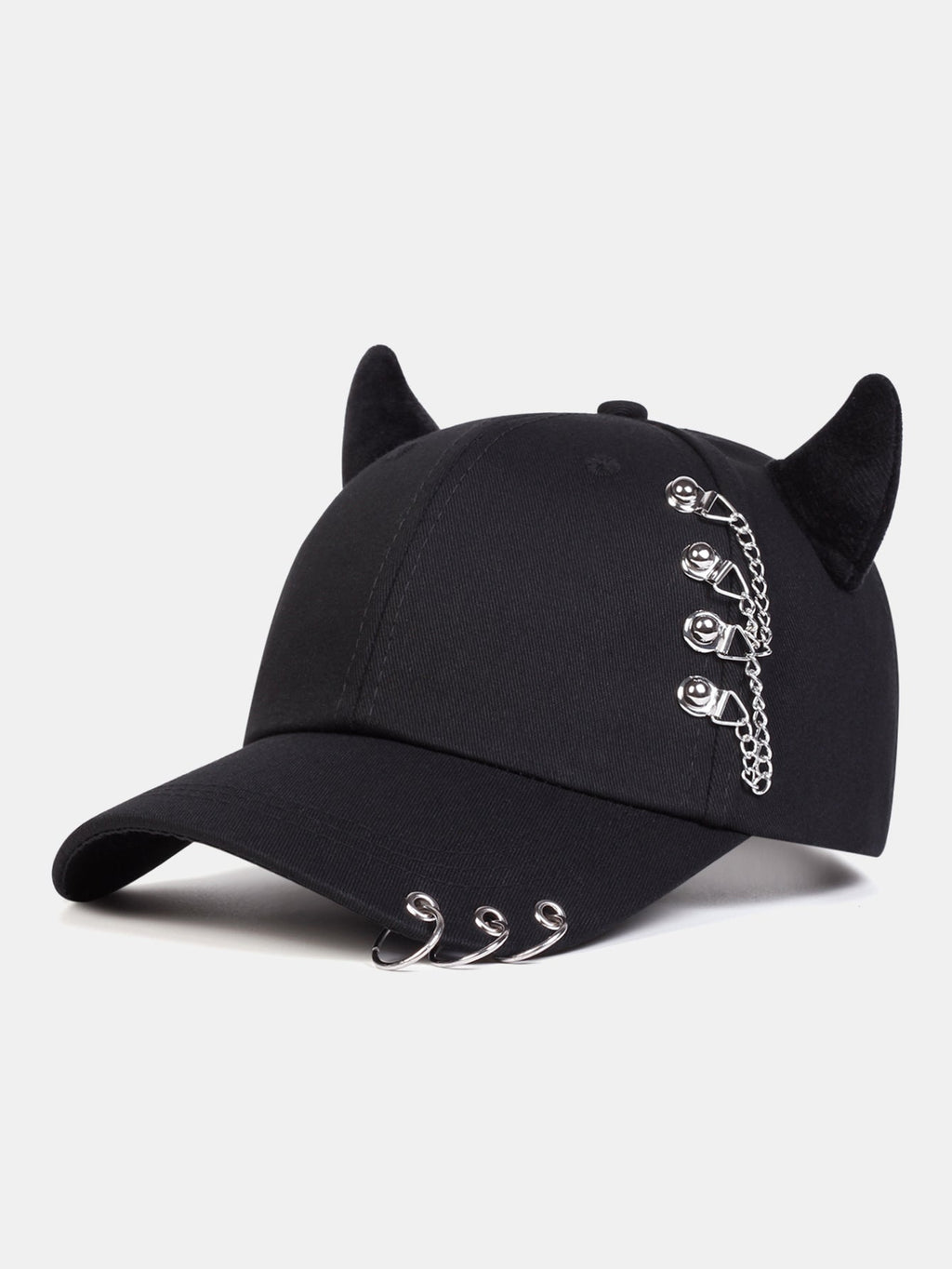Y2K-Inspired Hip Hop Baseball Cap with Cat Ear Design and Metal Chain Accents for Music Festivals