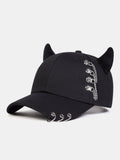 Y2K-Inspired Hip Hop Baseball Cap with Cat Ear Design and Metal Chain Accents for Music Festivals