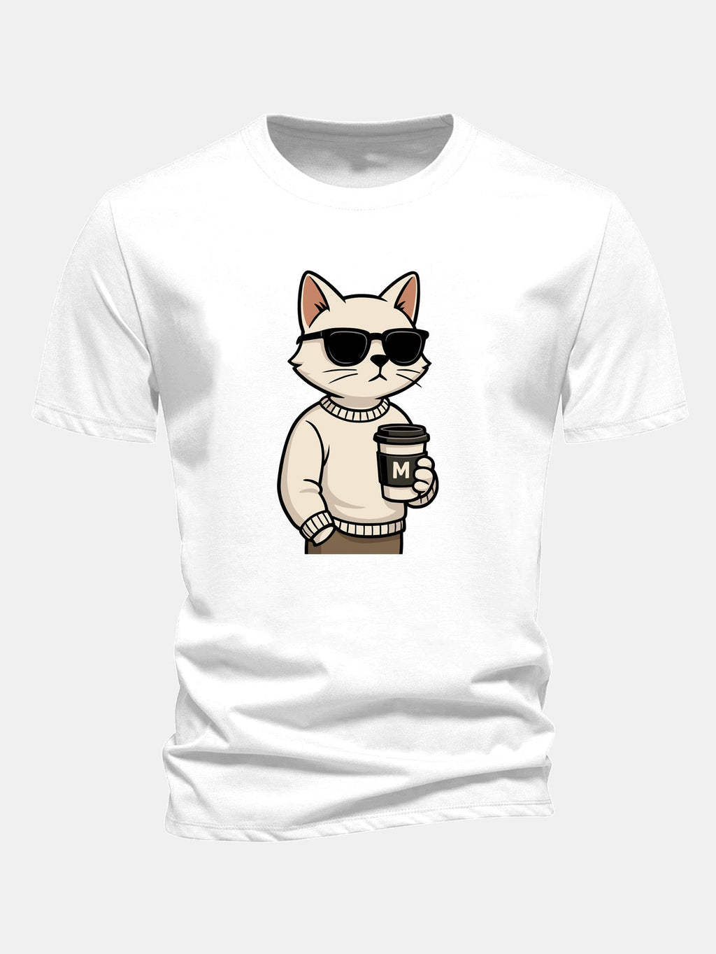 Classic Fit Cotton T-Shirt with Cat Coffee Print