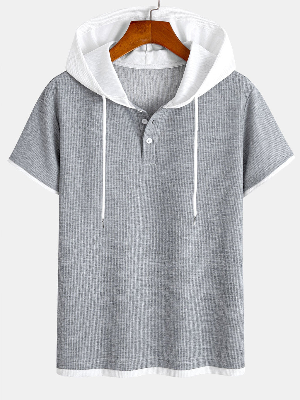 Two-Tone Button-Up Waffle Knit Hooded Tee