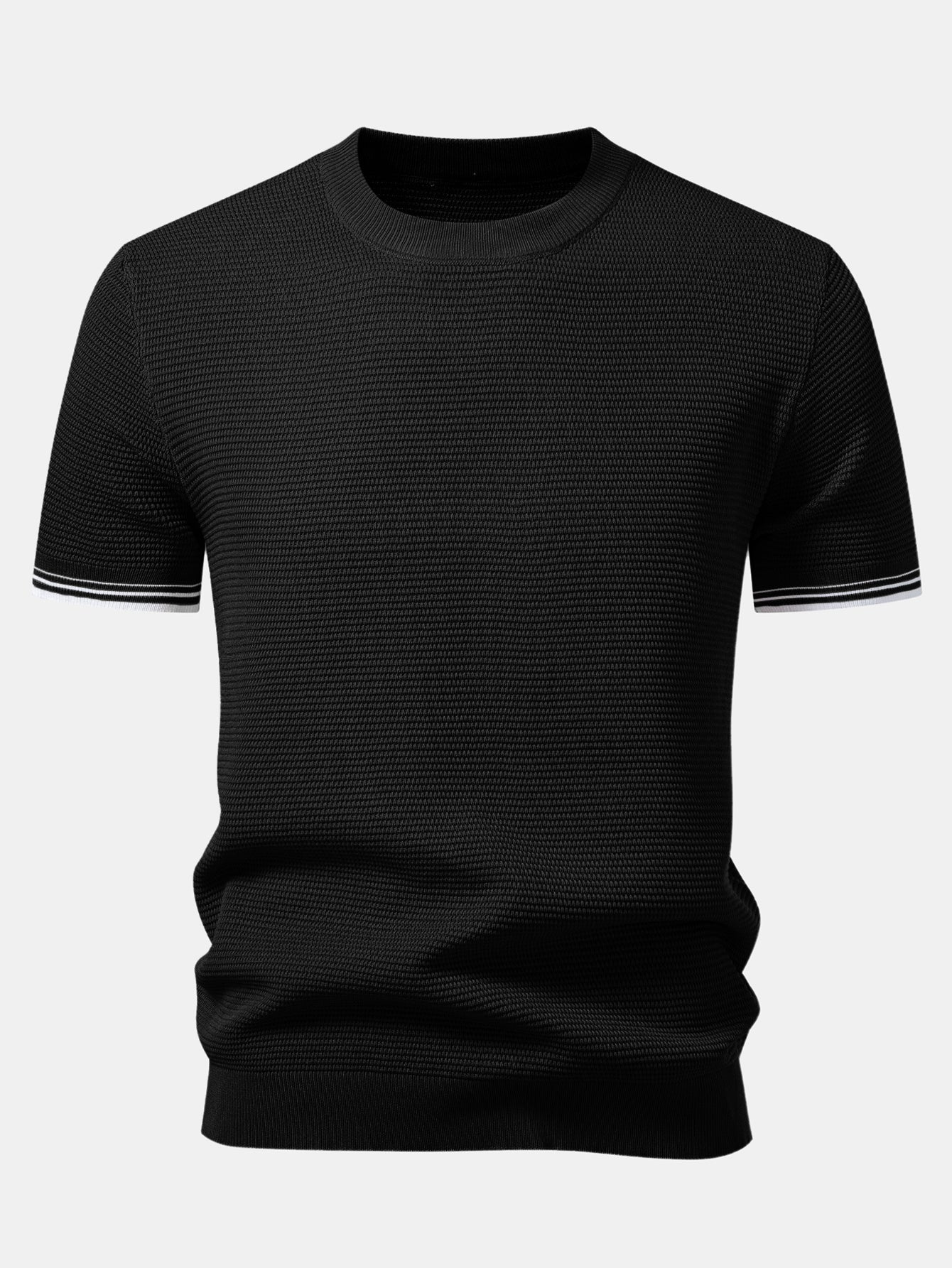 Ribbed Knit T-Shirt with Contrast Stripe Trim