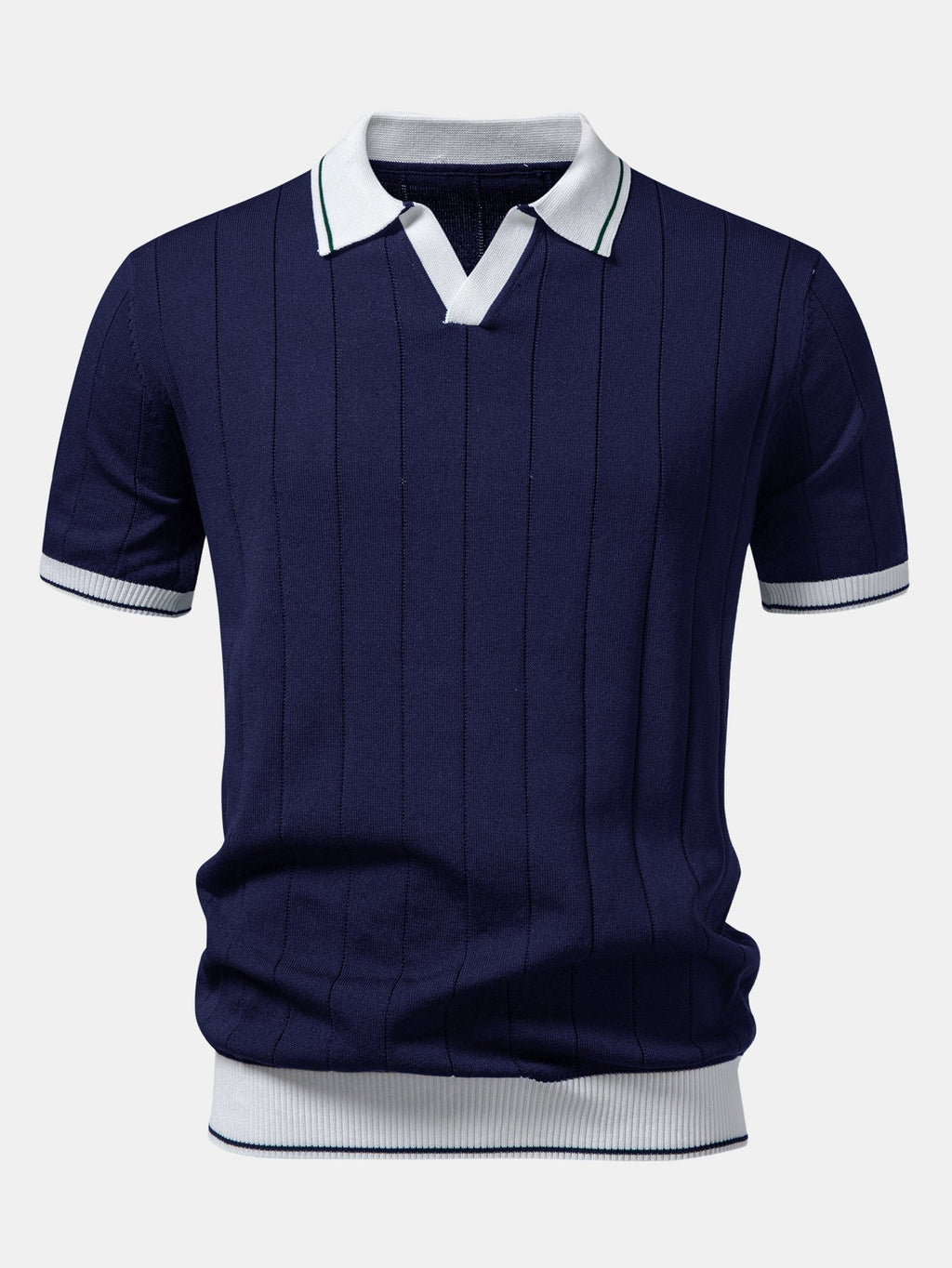 Ribbed Knit Polo with Contrast Trim and Straight Leg Ribbed Trousers