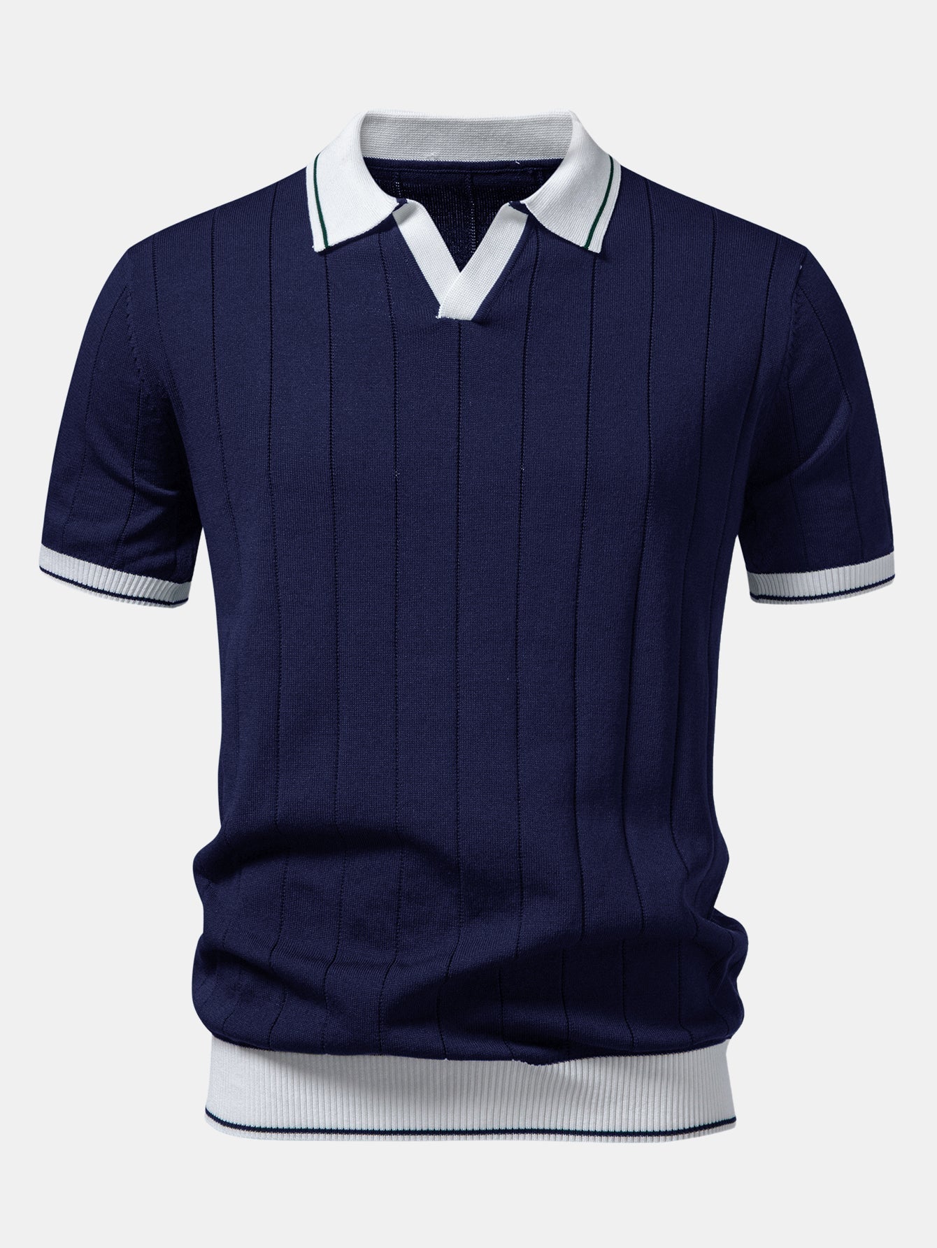 Ribbed Knit Polo with Contrast Trim and Straight Leg Ribbed Trousers