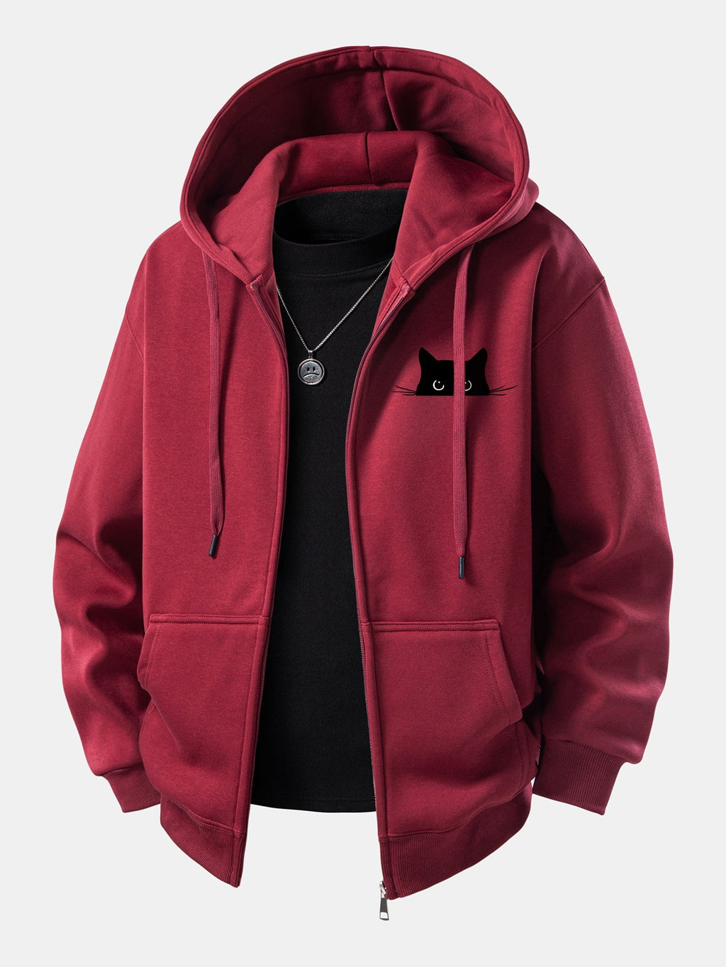Zip-Up Hoodie with Black Cat Print