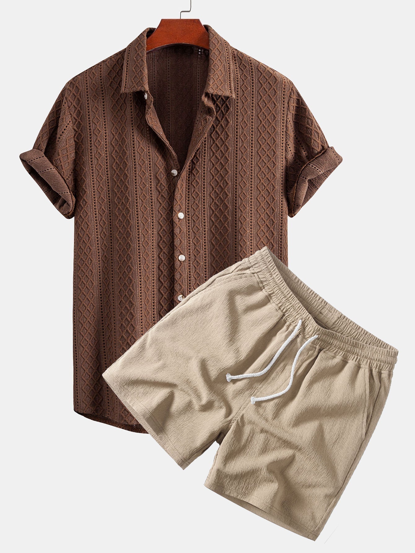 Jacquard Rhombus Button-Up Shirt & Crinkle Textured 5" Drawstring Shorts