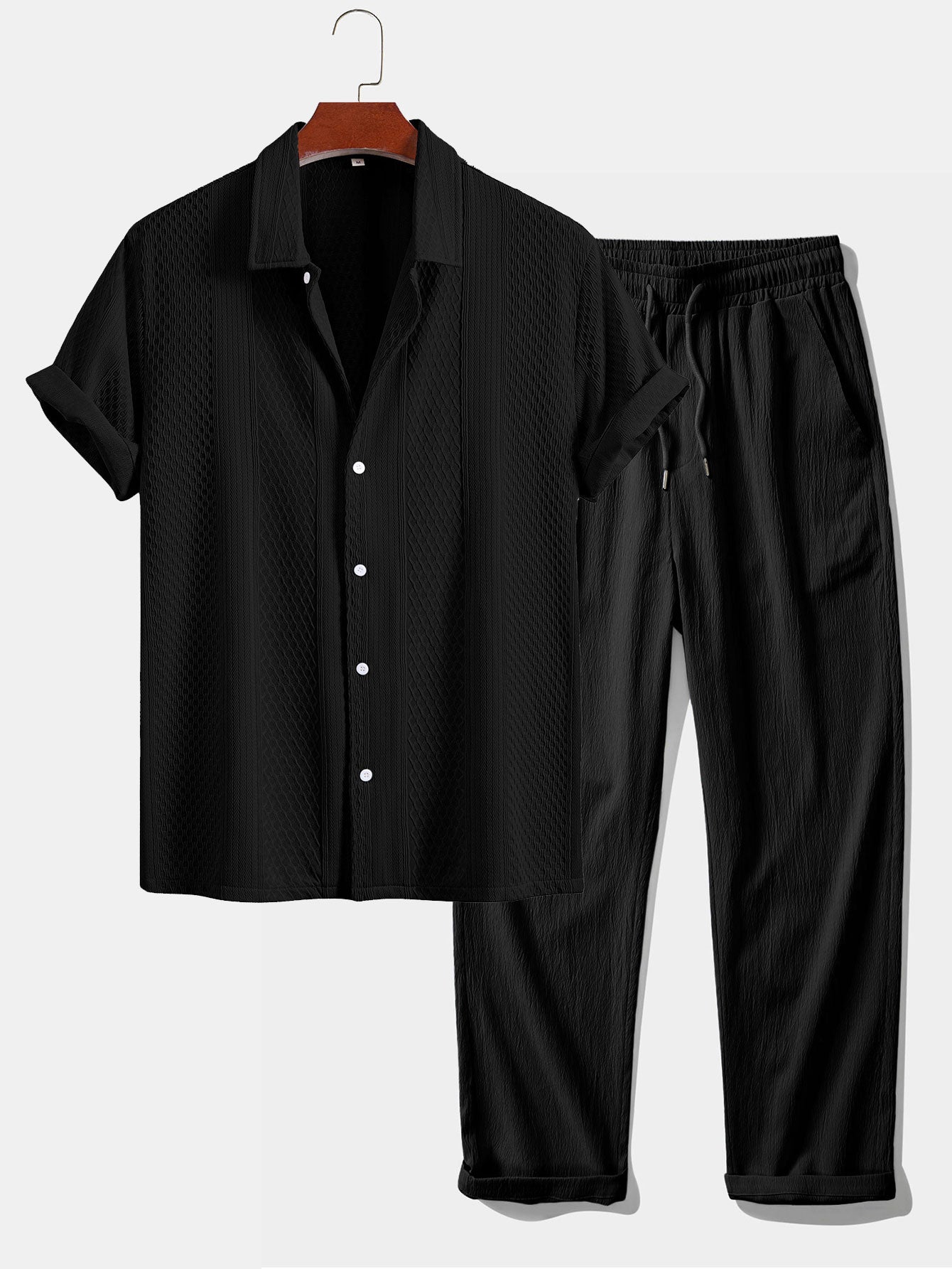 Geometric Jacquard Button-Up Shirt with Crinkle Textured Straight-Leg Pants