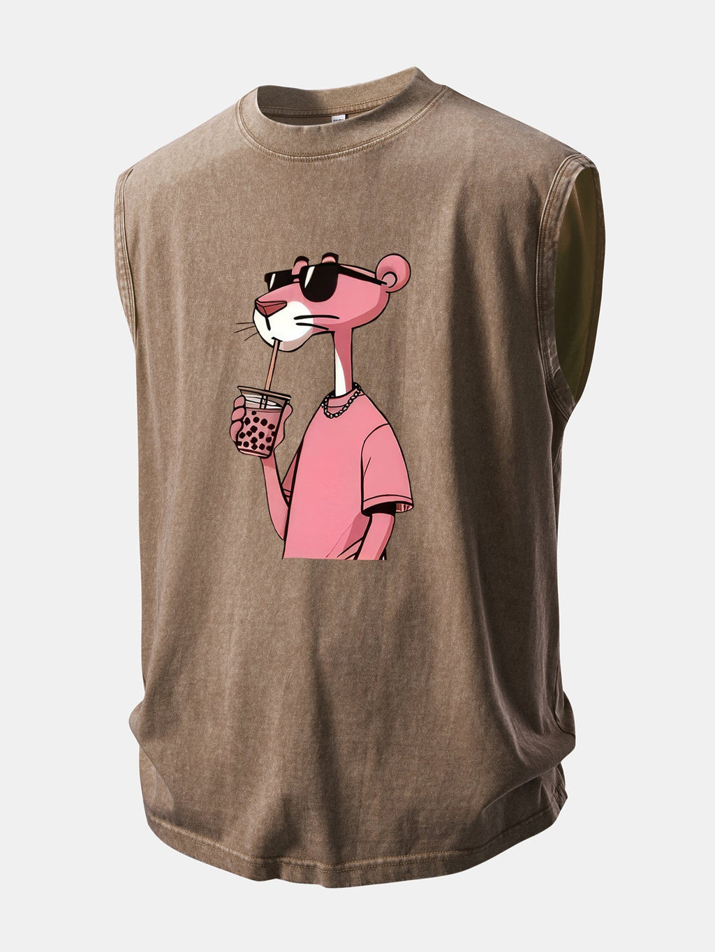 Distressed Washed Tank Top with Pink Panther Print