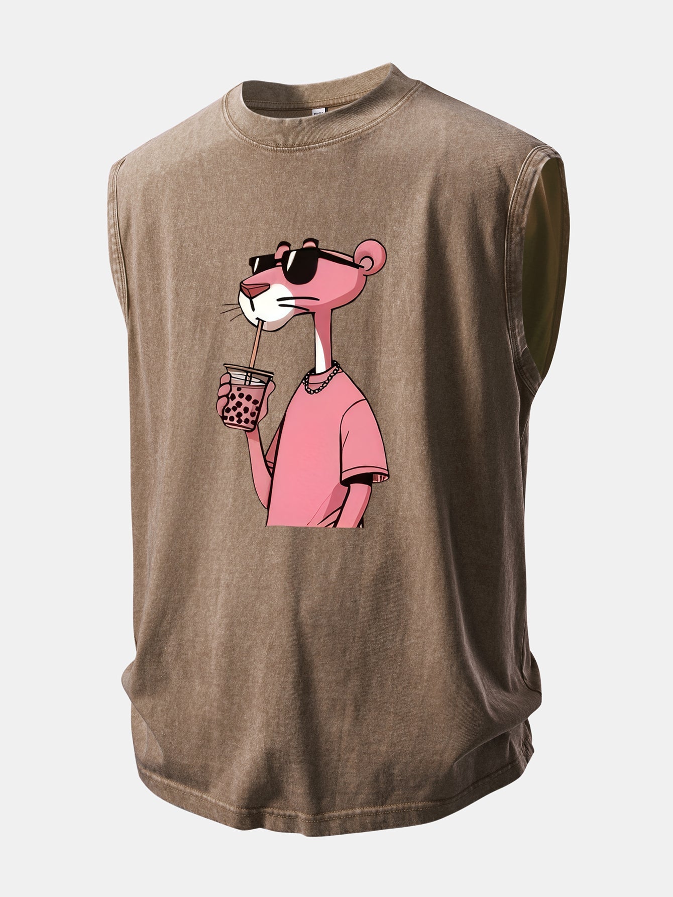 Distressed Washed Tank Top with Pink Panther Print