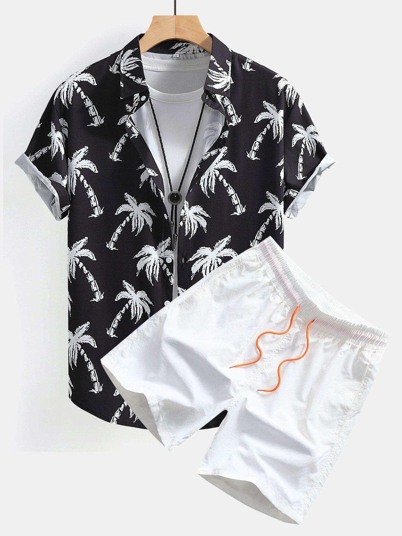 Button-Up Shirt and Swim Shorts with Palm Tree Print