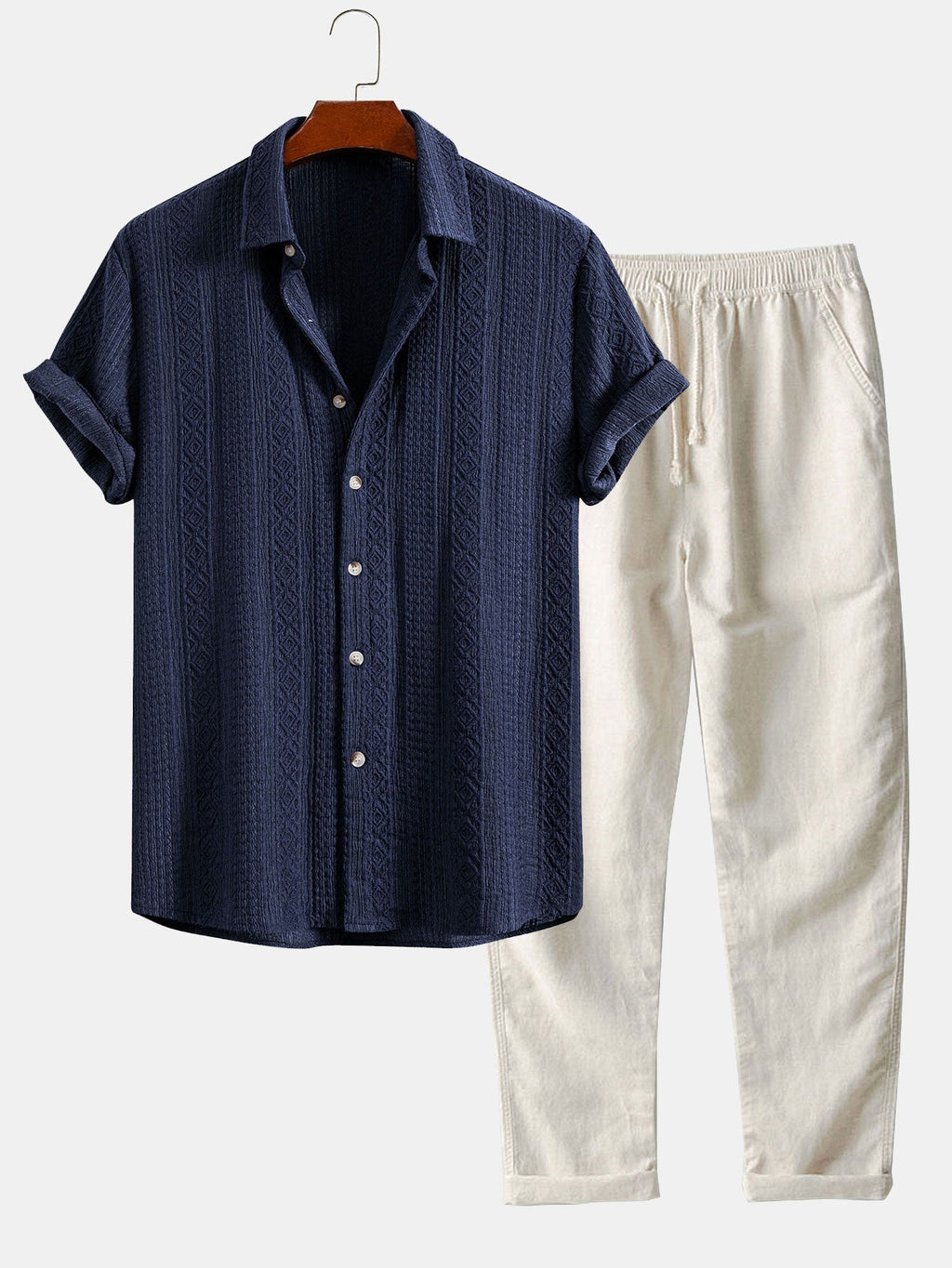 Geometric Jacquard Button-Up Shirt with Straight-Leg Linen Trousers