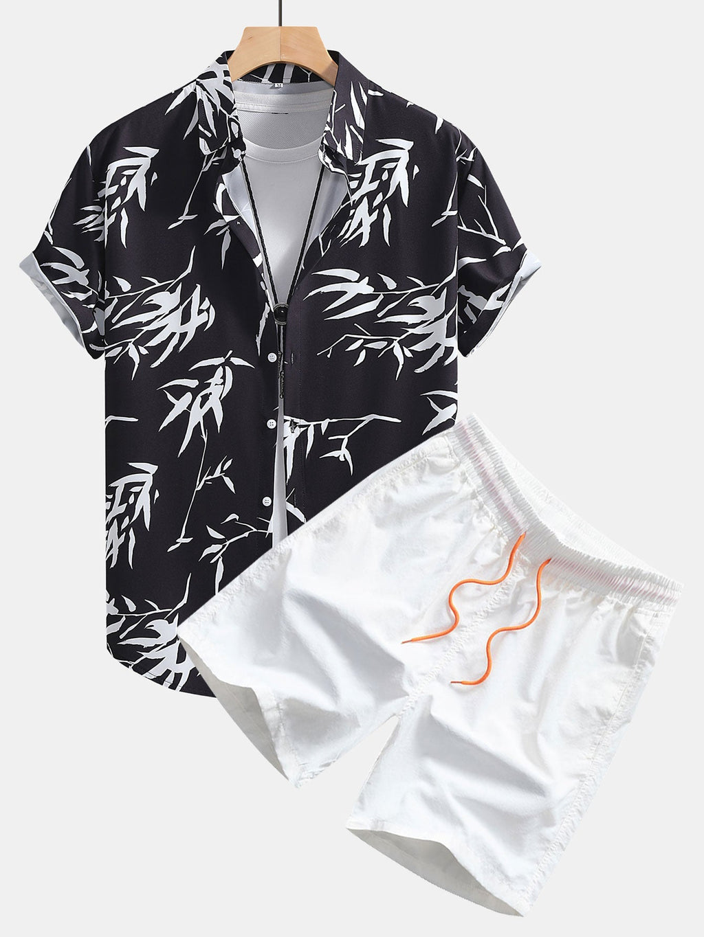 Bamboo Leaf Print Button-Up Shirt and Swim Shorts Set
