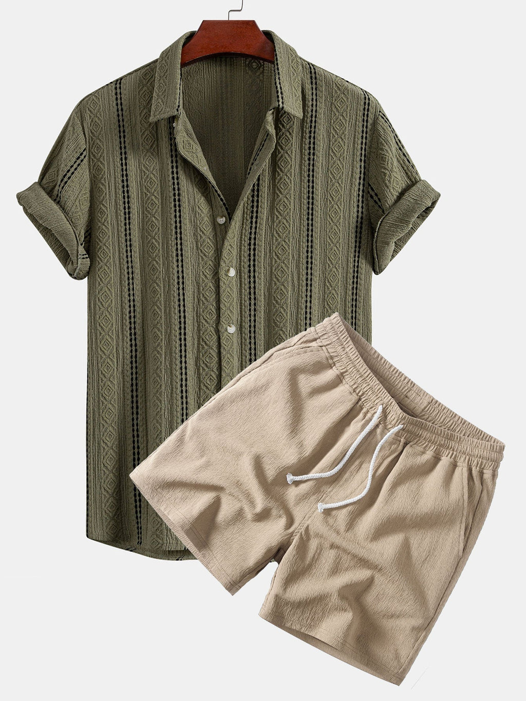 Geometric Striped Jacquard Button-Up Shirt with Crinkle Textured 5" Drawstring Shorts