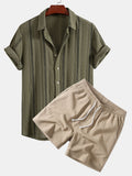 Geometric Striped Jacquard Button-Up Shirt with Crinkle Textured 5" Drawstring Shorts