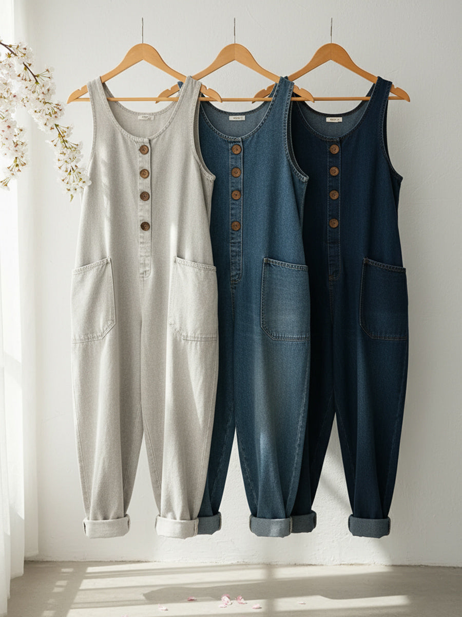 Women's Casual Cotton Vest and Denim Jumpsuit
