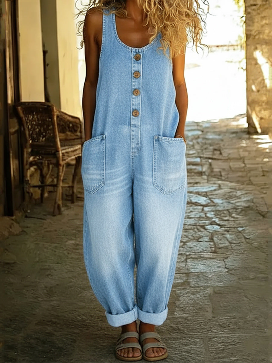 Women's Casual Cotton Vest and Denim Jumpsuit