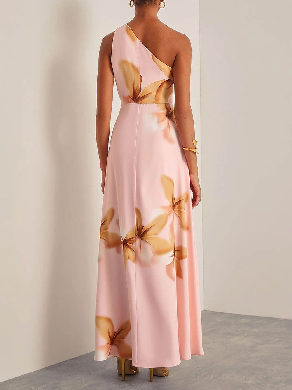 Elegant Off-Shoulder Pleated Large Floral Print Slit Party Maxi Dress