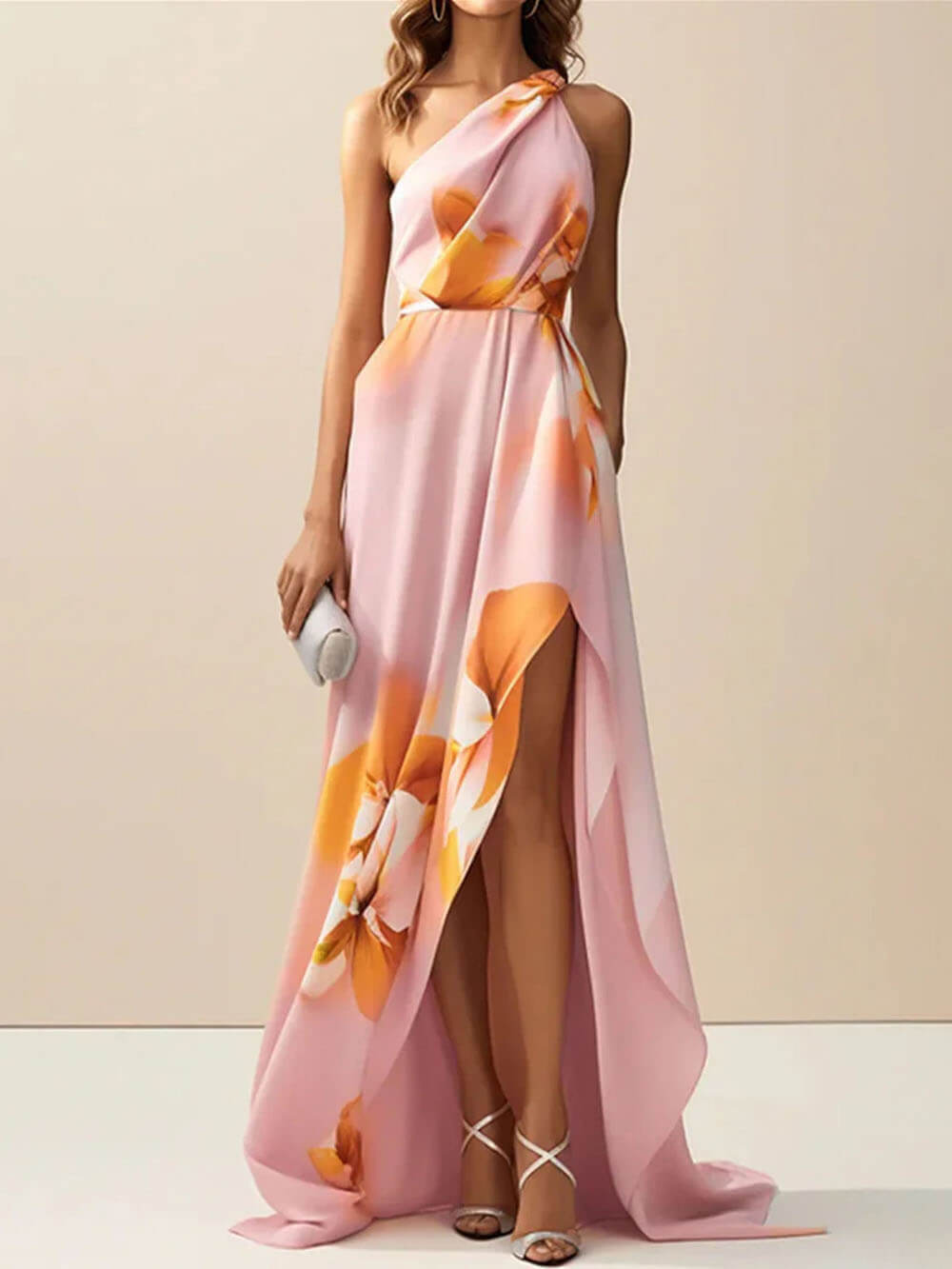 Elegant Off-Shoulder Pleated Large Floral Print Slit Party Maxi Dress
