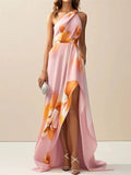 Elegant Off-Shoulder Pleated Large Floral Print Slit Party Maxi Dress