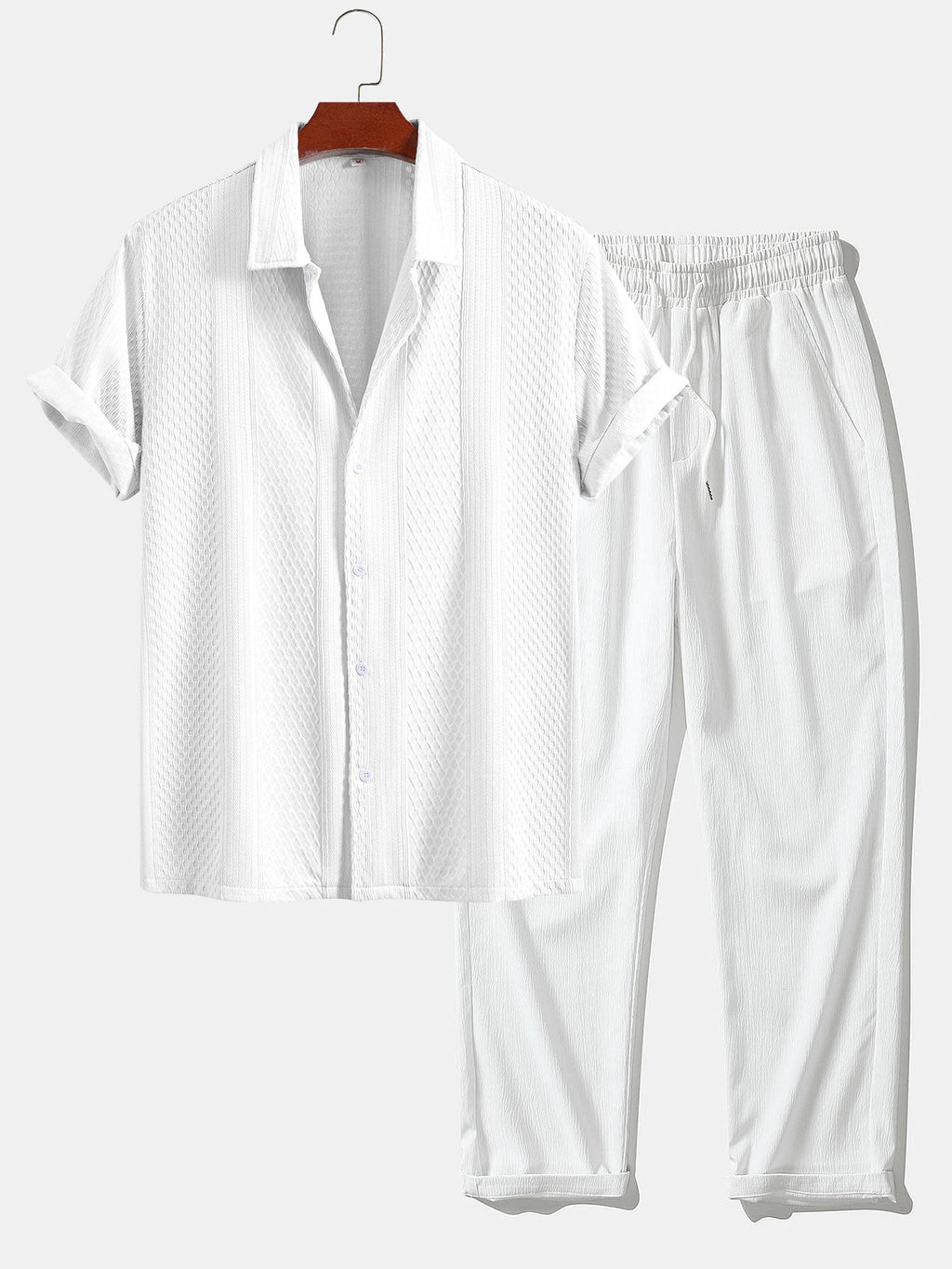 Geometric Jacquard Button-Up Shirt with Crinkle Textured Straight-Leg Pants
