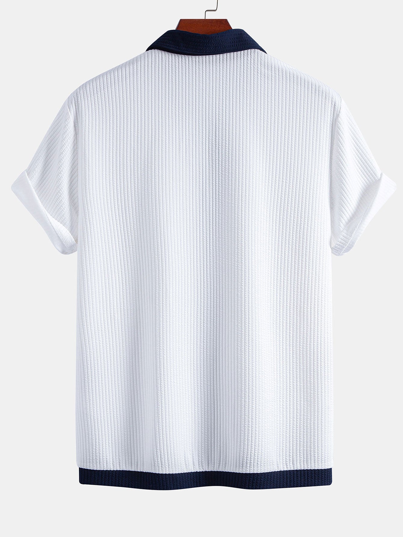 Ribbed Button-Up Shirt with Contrast Details & Drawstring Ribbed Shorts