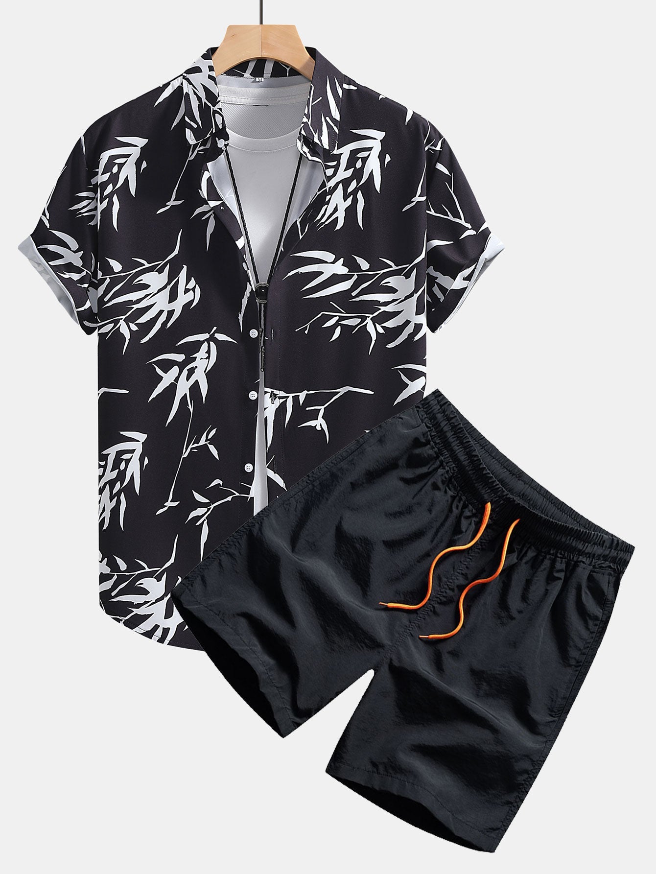 Bamboo Leaf Print Button-Up Shirt and Swim Shorts Set