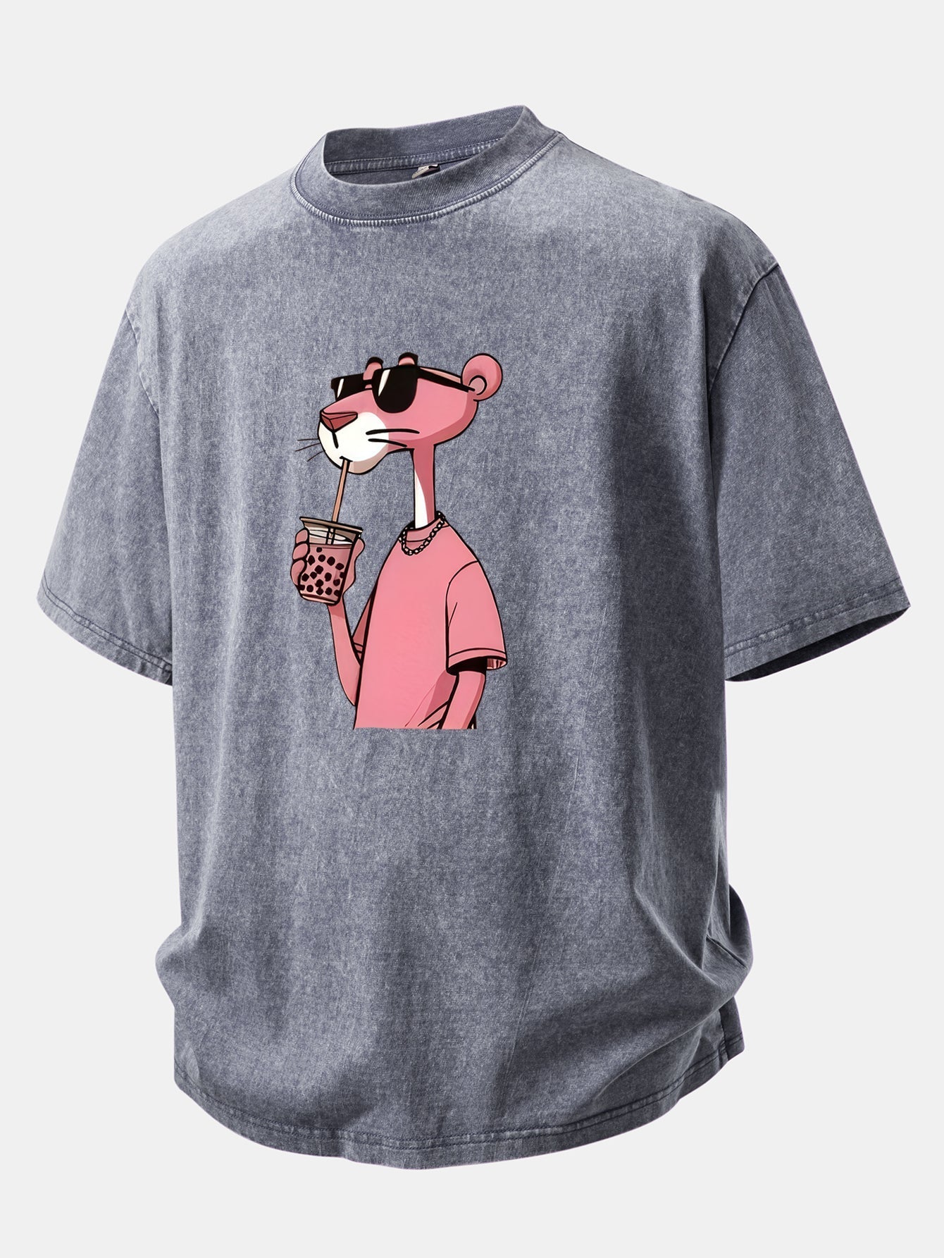 Distressed Drop Shoulder T-Shirt with Pink Panther Print
