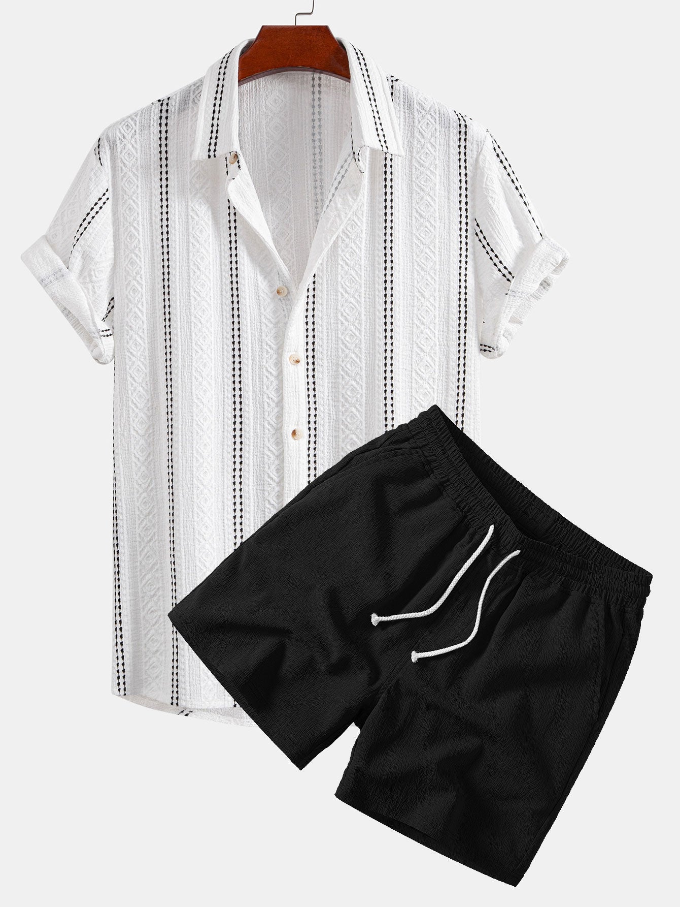 Geometric Striped Jacquard Button-Up Shirt with Crinkle Textured 5" Drawstring Shorts